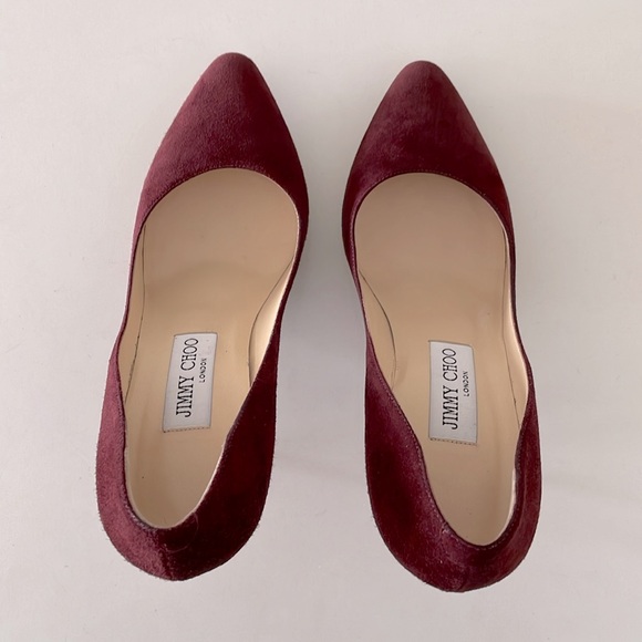 Jimmy Choo Burgundy Suede Pump w/ Patent Leather Heel - Picture 5 of 14